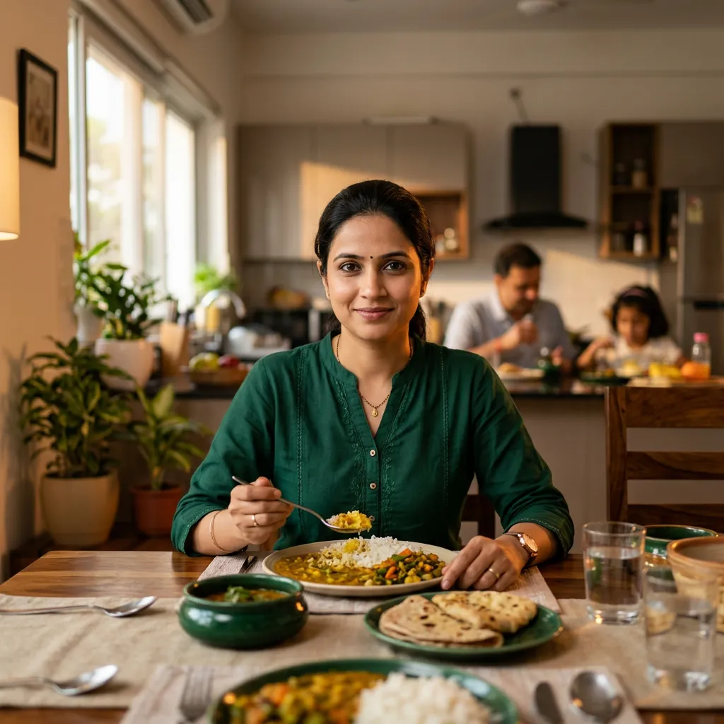 Busy Indian professional enjoying a balanced family meal at home with peaceful confidence