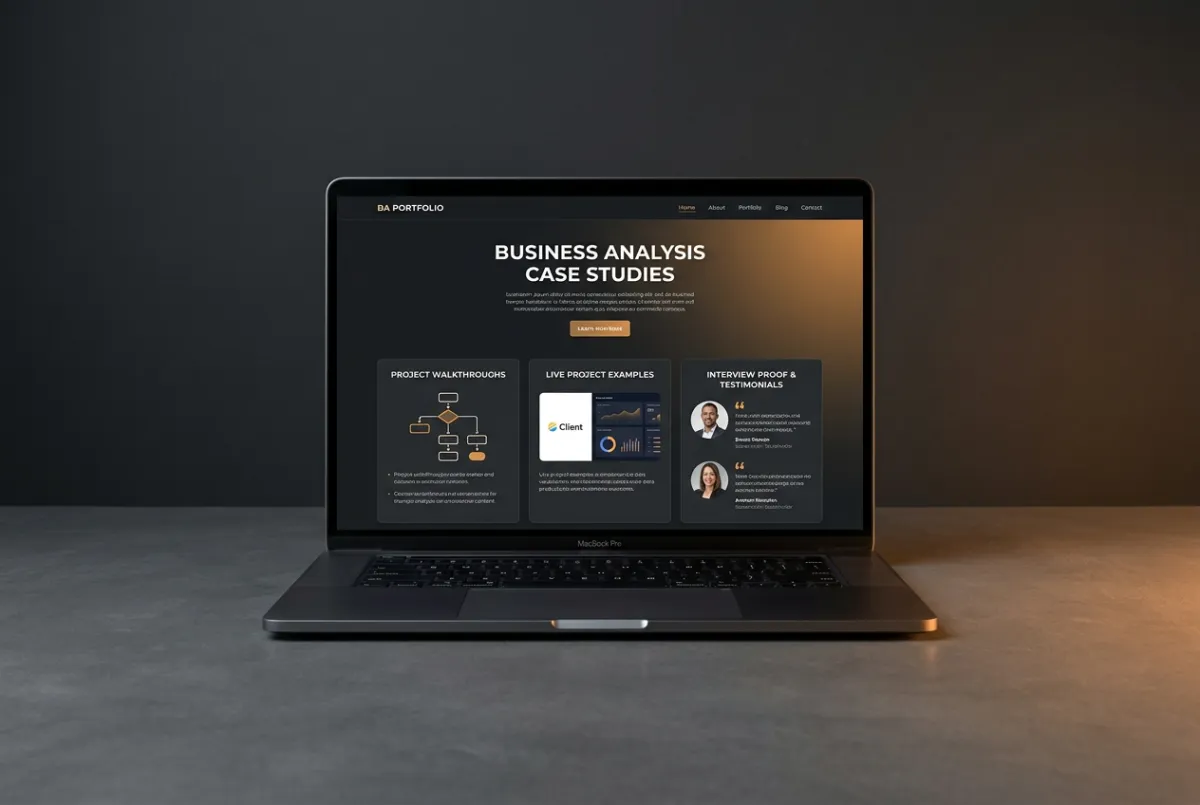 Laptop mockup showcasing BA case study portfolio, live project walkthroughs, and interview proof