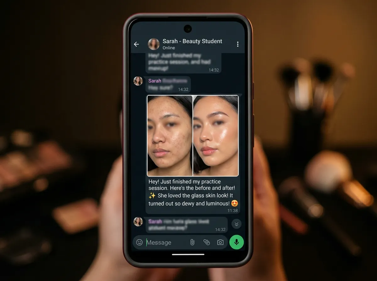 WhatsApp screenshot of real glass skin makeup transformation photos sent by beauty student