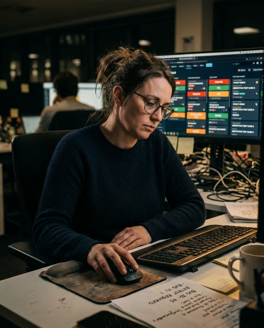Exhausted software test engineer reviewing endless Jira backlog tickets and bug reports late at night