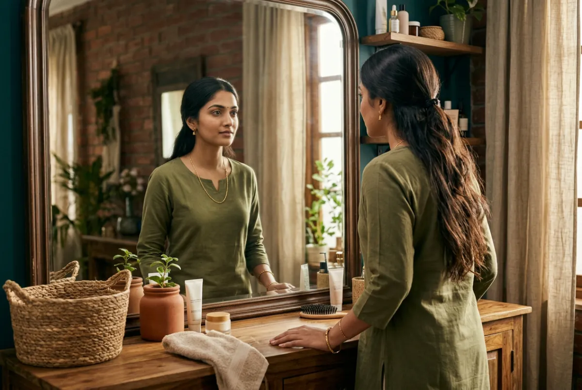 Indian woman looking thoughtfully in mirror promising to restart fitness tomorrow