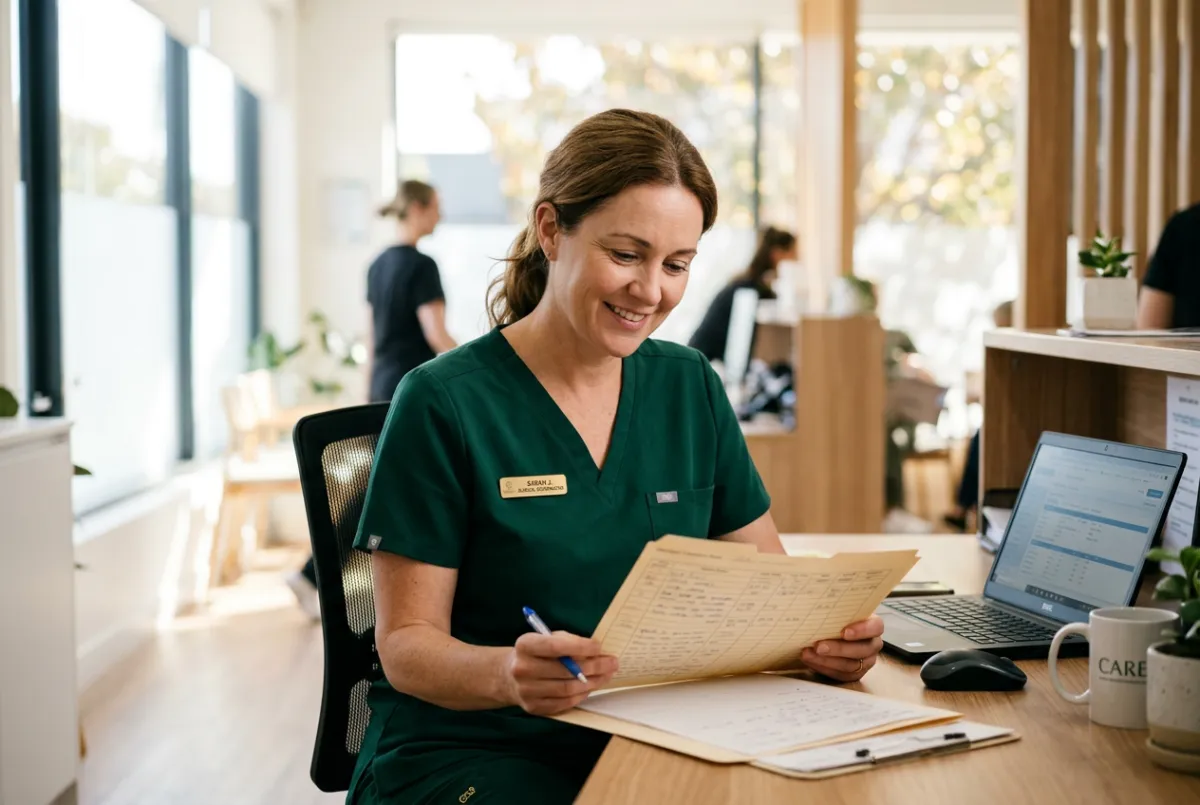 Warm and approachable clinical team member reviewing patient care notes in natural light