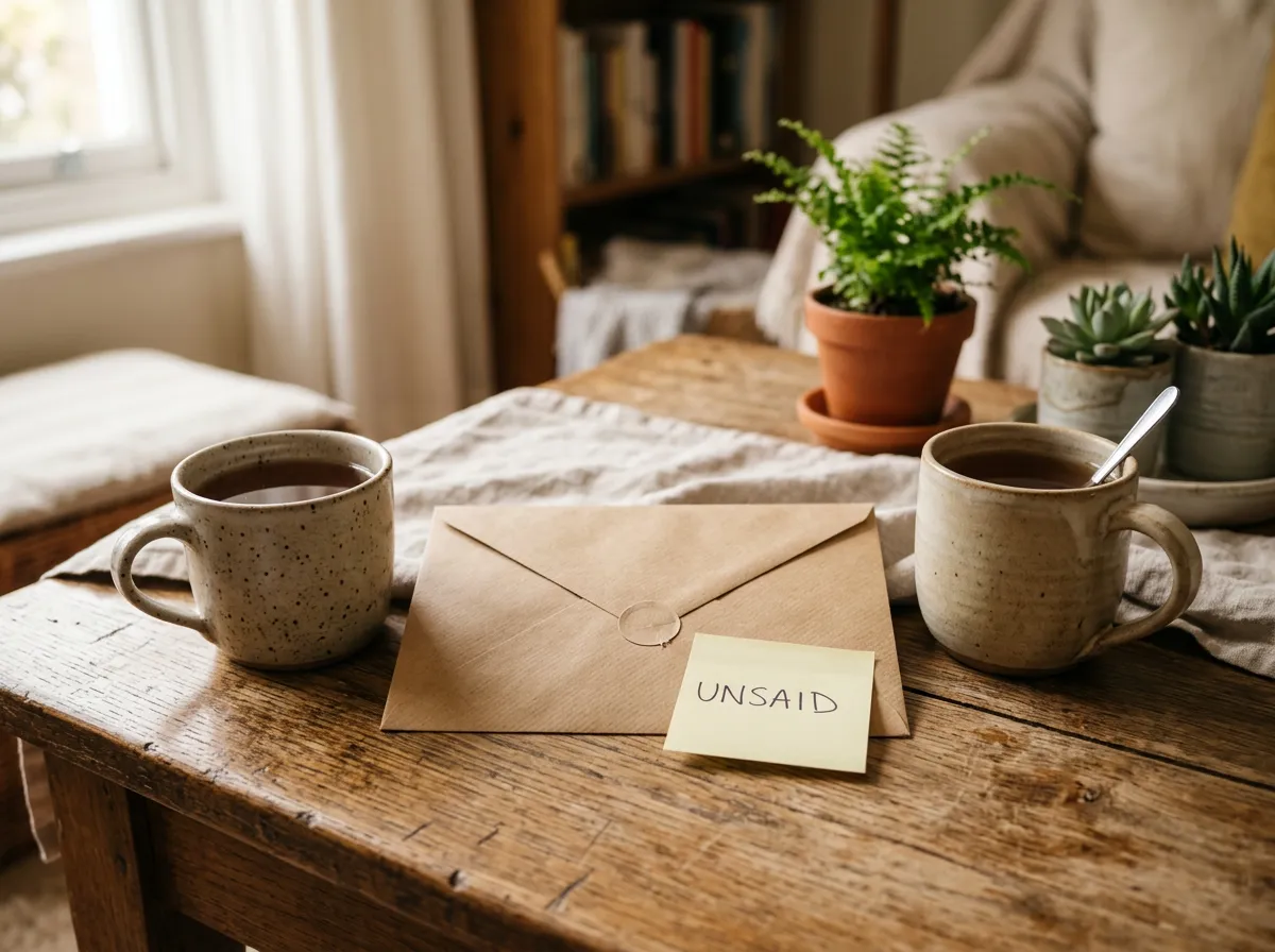 Envelope and mugs on a table with a note reading UNSAID, symbolizing unspoken fear
