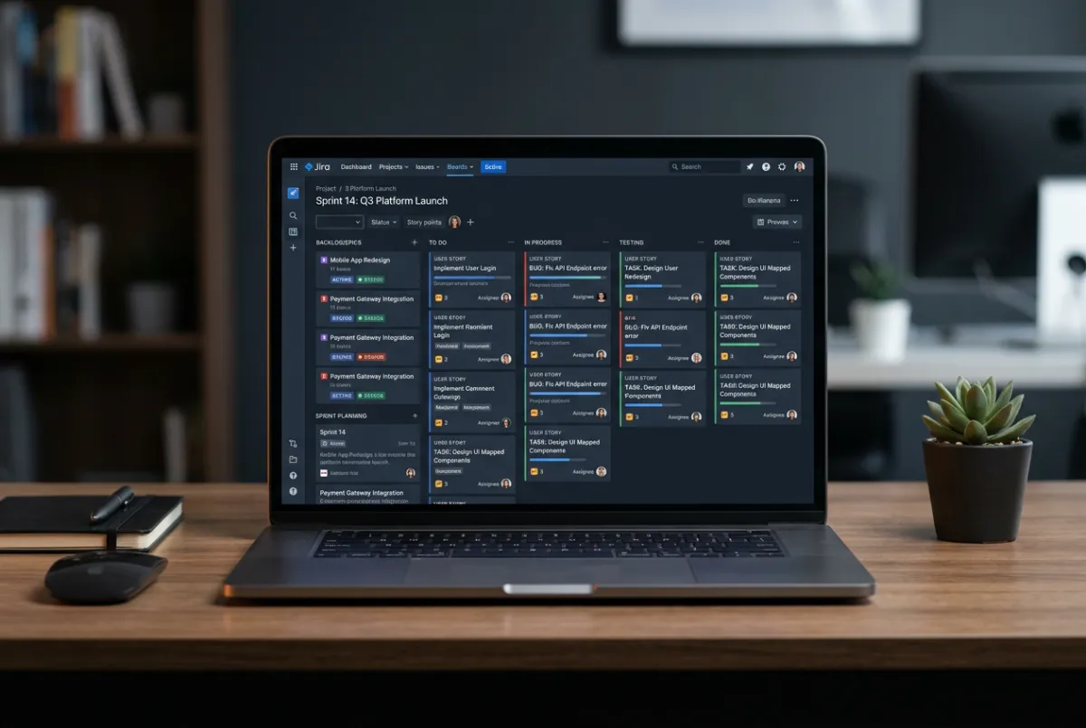 Laptop mockup showing Agile Jira board with user stories, epics, and sprint planning