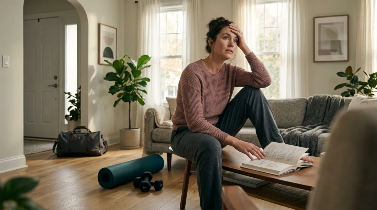 Professional trying fitness and spiritual routines, feels better briefly but overwhelmed again