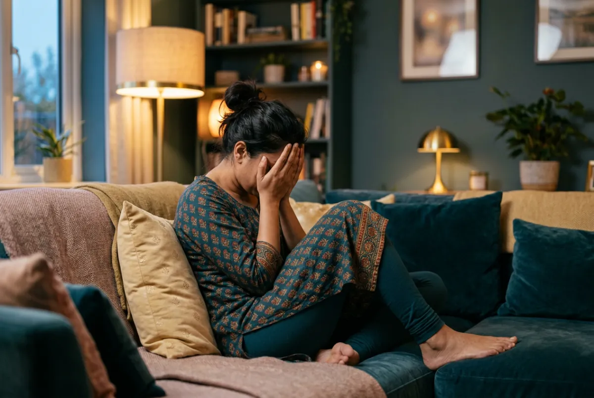 Exhausted Indian woman overwhelmed on couch in evening