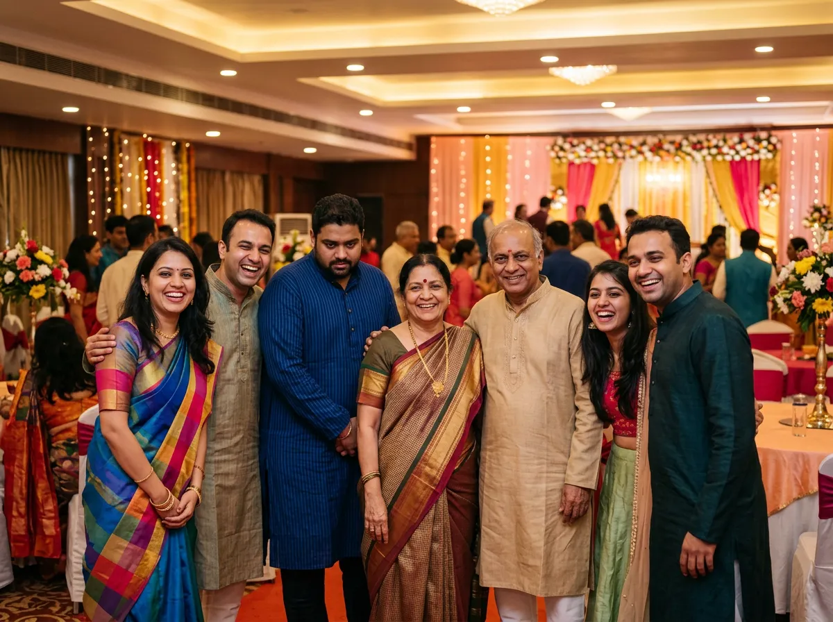 Plus-size Indian man hiding slightly behind others with embarrassment during a group photo at an Indian family function.