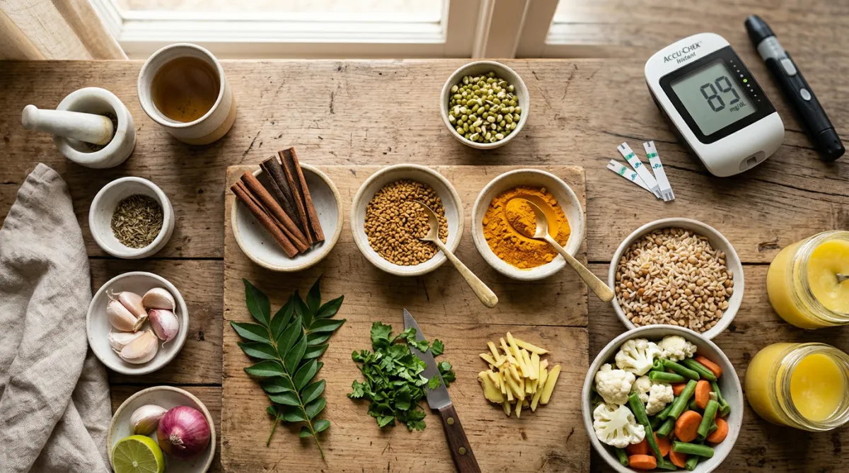Indian kitchen prep scene with spices and herbs for a blood sugar reset