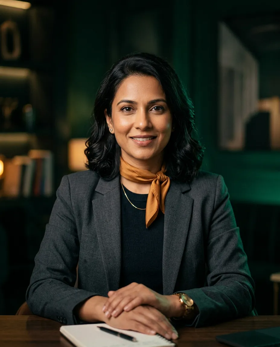 Coach Sheetal Shroff portrait with soft warm lighting and professional coaching presence