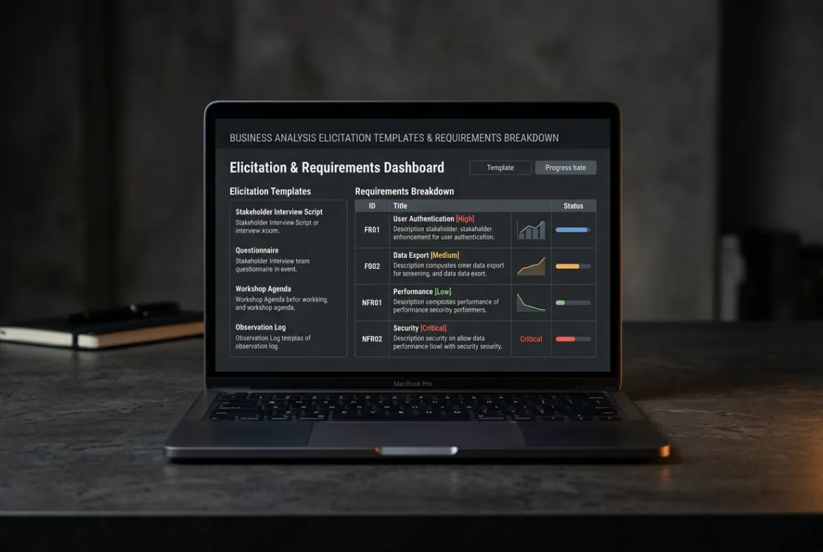 Laptop mockup showing business analysis elicitation templates and requirements breakdown