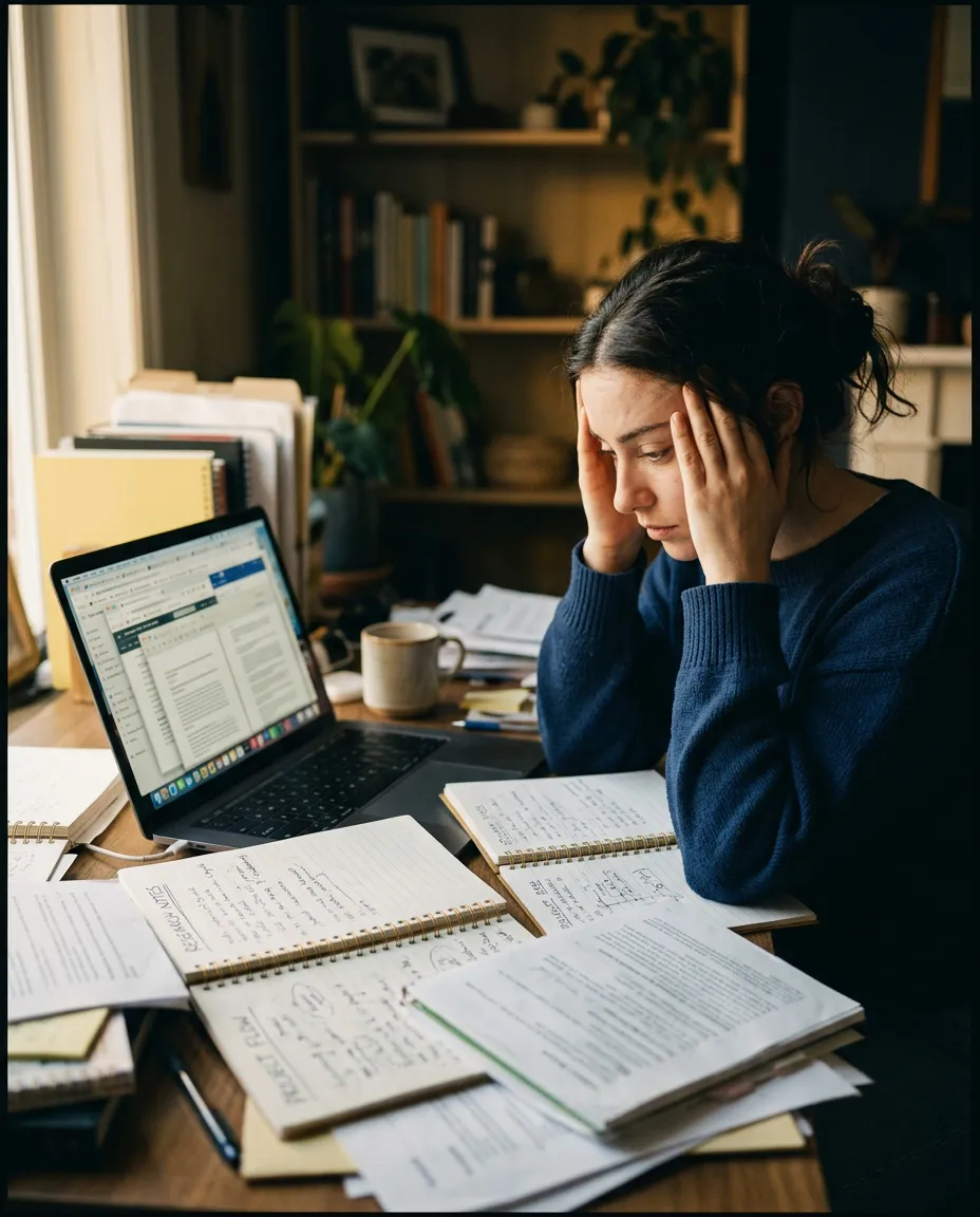 Tech professional sitting in front of a laptop overwhelmed with dozens of open video course tabs and PDF certificates