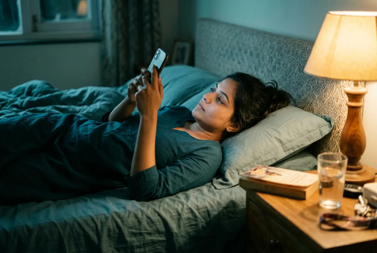 Indian woman lying awake in bed at midnight looking at phone