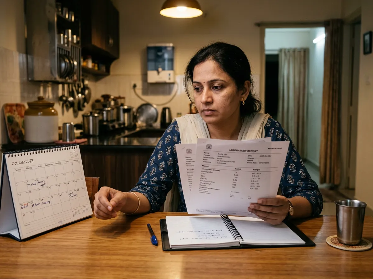 Indian woman (35–45) reading blood report papers at her kitchen table, looking thoughtful—matching the ‘five-year thought’ about health reports and not giving up
