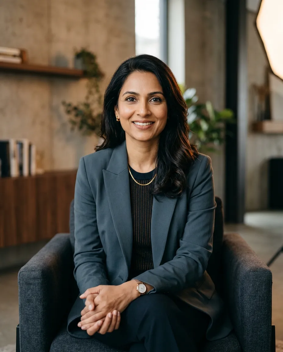 Professional lifestyle portrait of Mridula in natural lighting, embodying digital clarity and focus