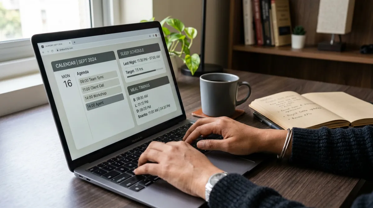 Laptop calendar and sleep/meal timing audit during a desk-body consultation