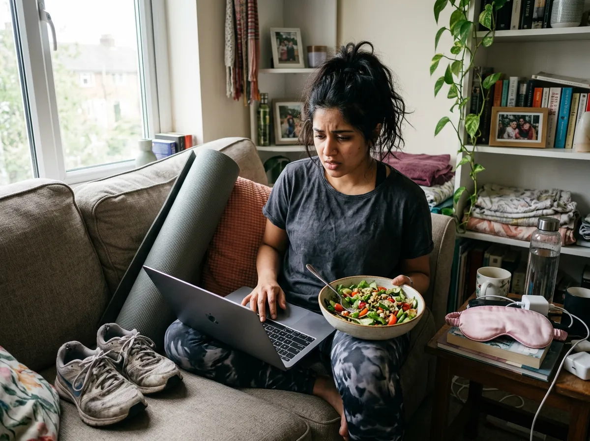 Busy working woman juggling nutrition, movement, sleep and stress — fixing one thing vs four