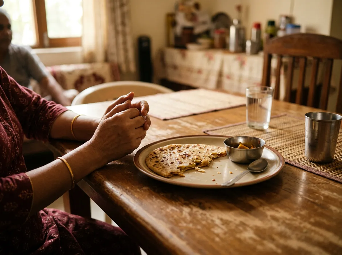 A paratha plate on an Indian dining table with hands nearby, conveying guilt after eating