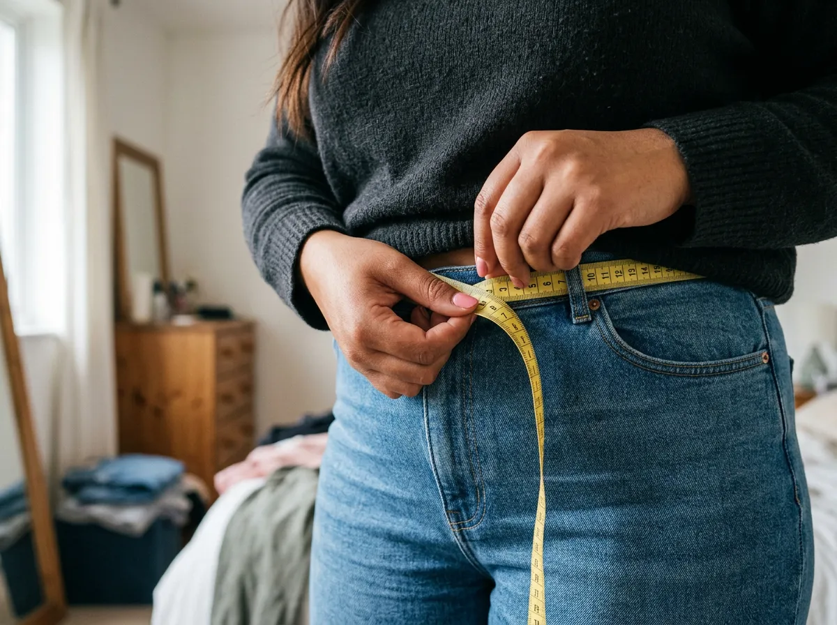Close-up of a plus-size woman measuring her waist over jeans with a measuring tape