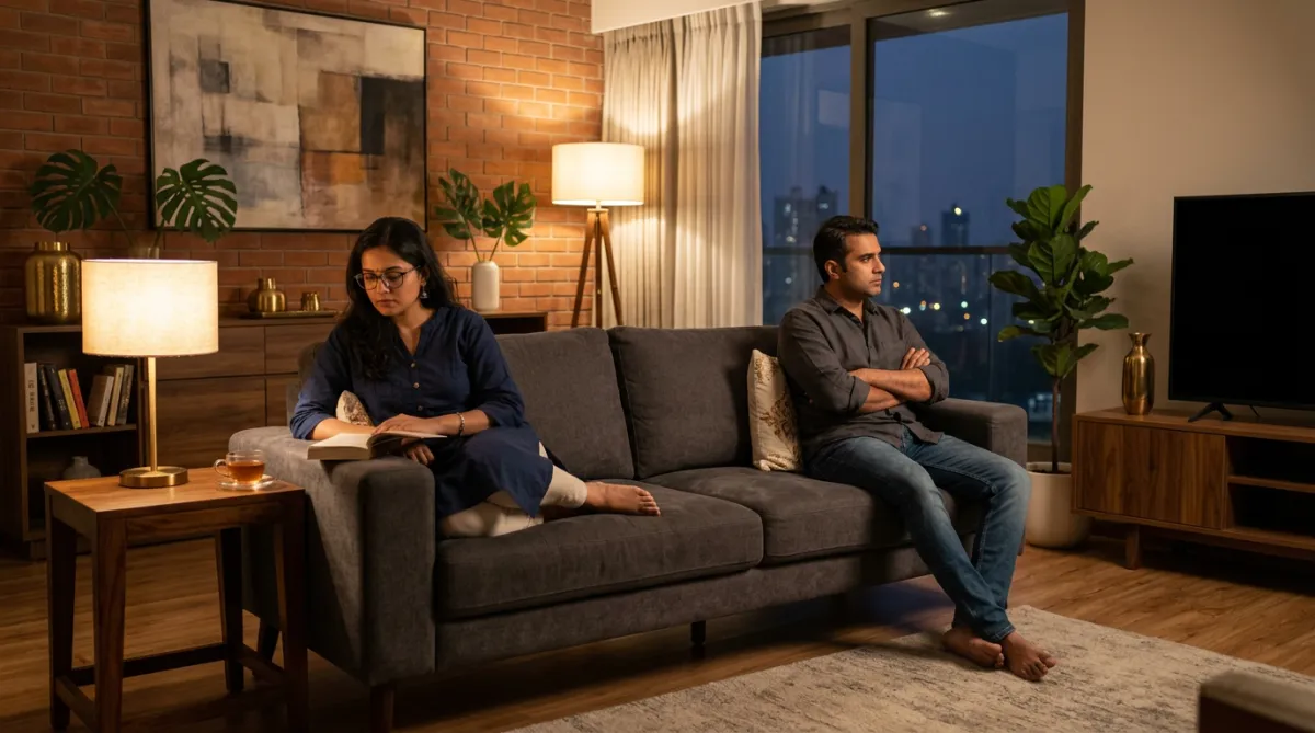 Couple at home feeling emotionally disconnected, quiet tension in a calm living room