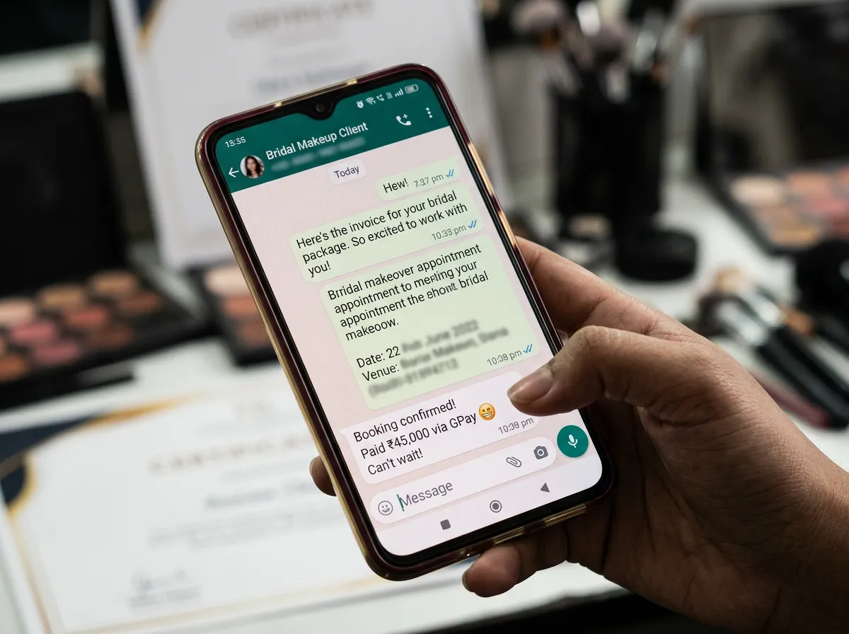 WhatsApp conversation sharing student's first 45000 INR bridal makeover booking confirmation