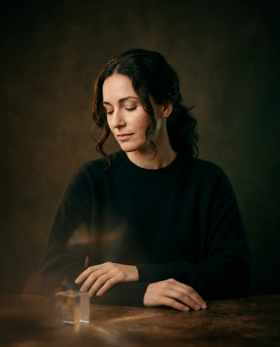 A calm, reflective woman in peaceful contemplation with soft warm lighting