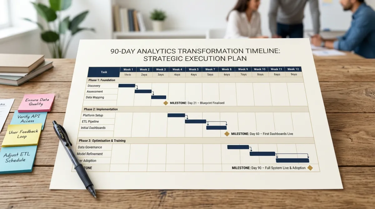 Structured 90-day analytics transformation execution timeline