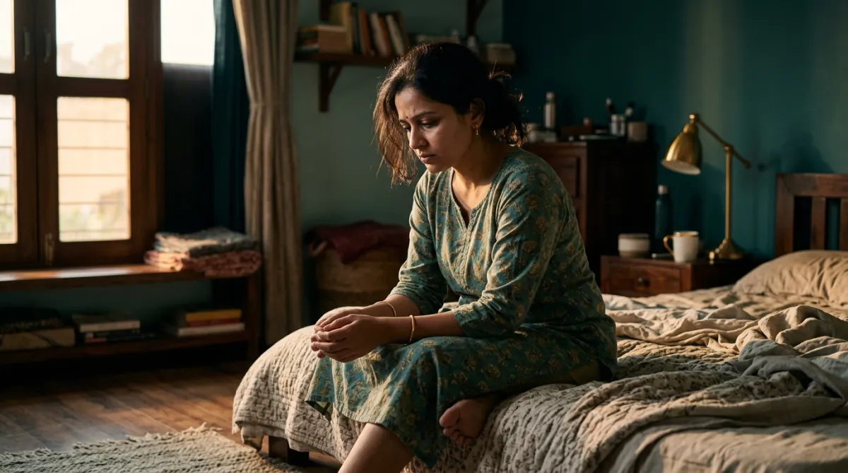 Tired Indian woman struggling to wake up in morning fatigue