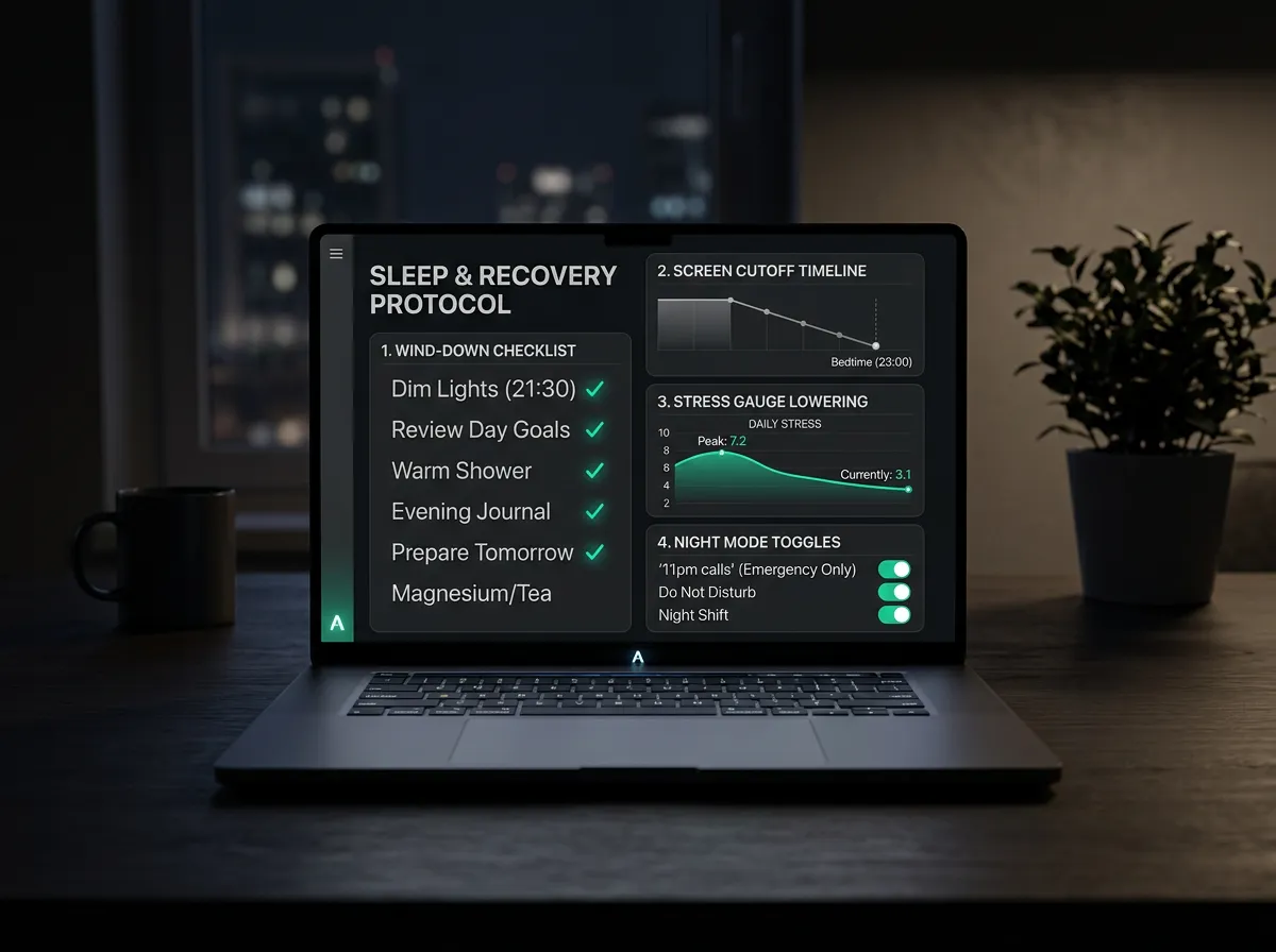 Front-facing laptop mockup showing a sleep and recovery protocol with wind-down checklist and stress-downshift graph
