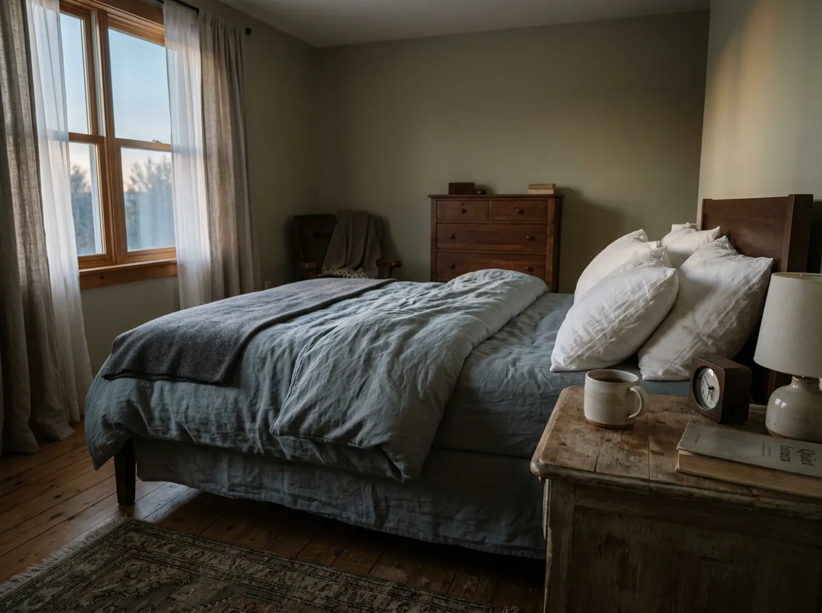 Quiet bedroom at dawn, reflecting heavy mornings during treatment