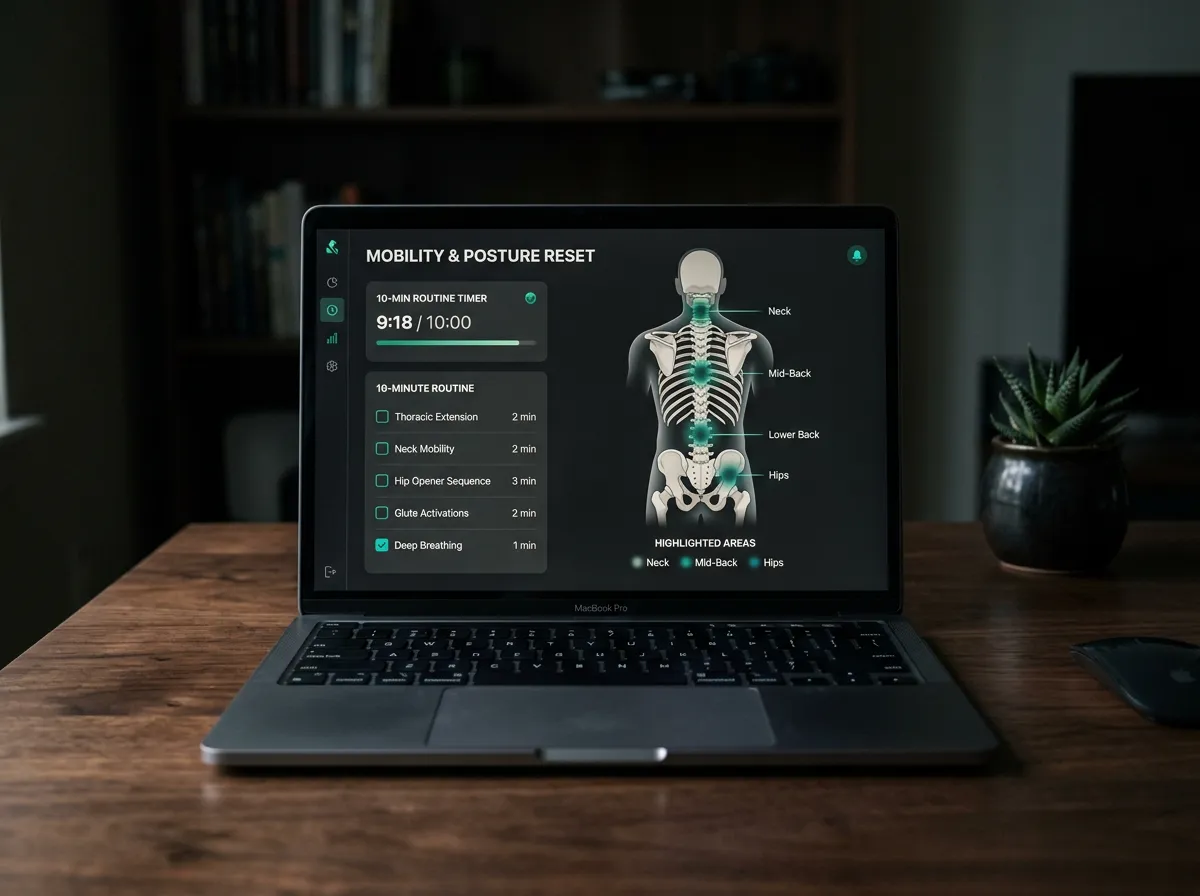 Front-facing laptop mockup showing a mobility and posture reset routine with timer and spine/hip diagram
