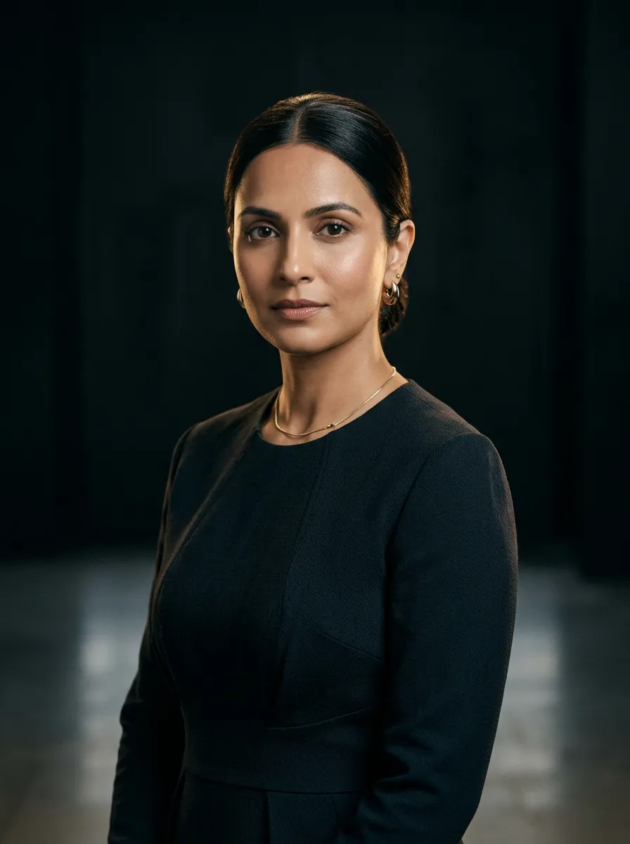 Editorial portrait of Bhagyashri, founder and celebrity makeup educator