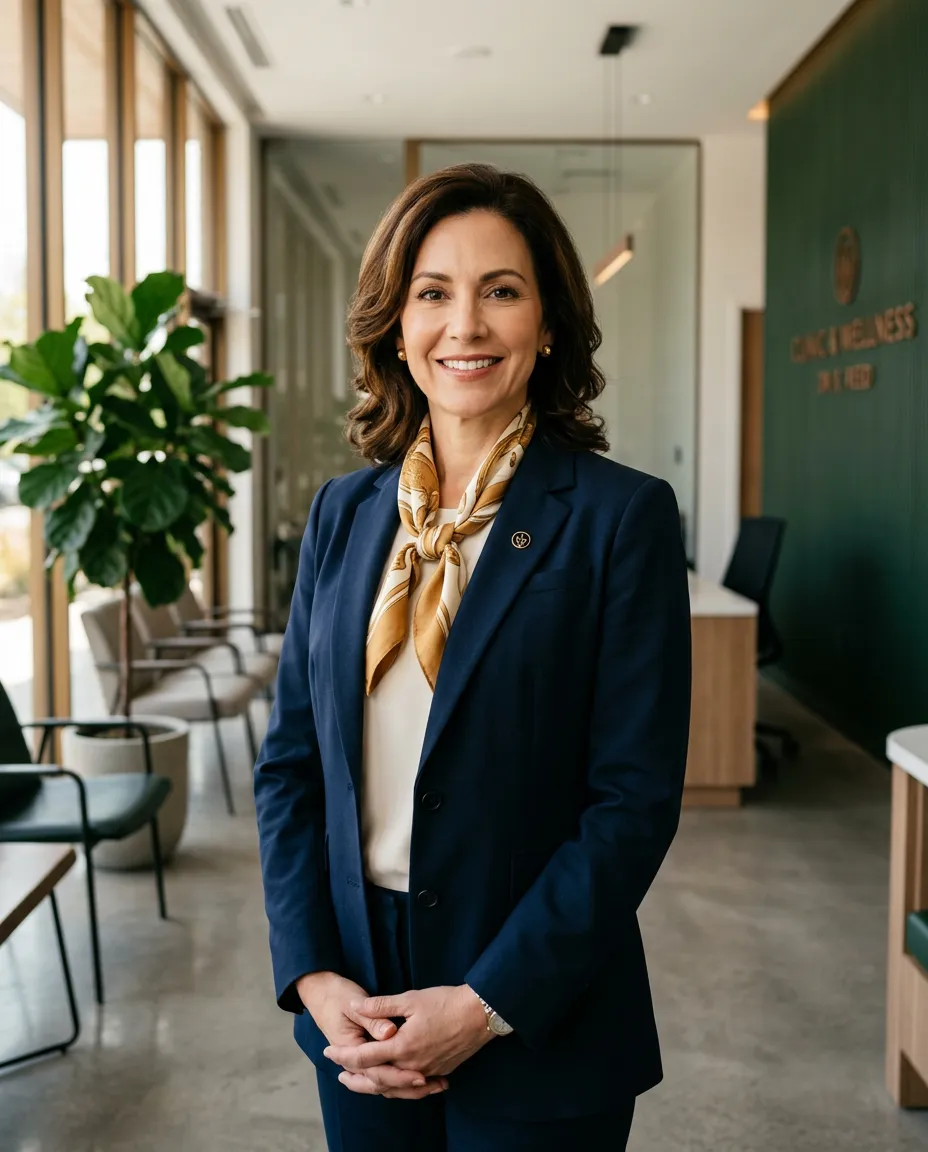 Dr. Anji standing in an editorial clinical wellness setting with warm natural light