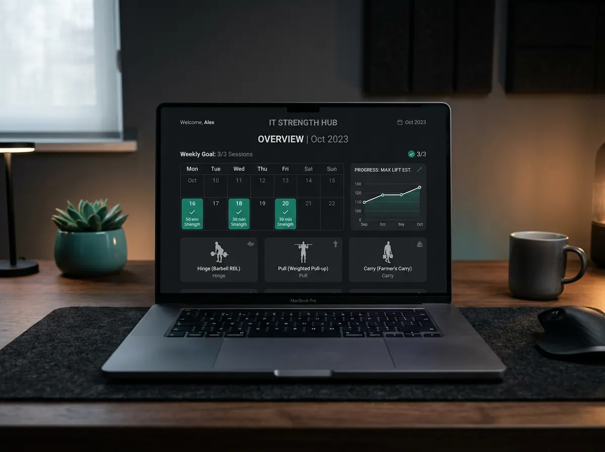 Front-facing laptop mockup showing a strength plan dashboard with 3× 30-minute sessions and progress chart