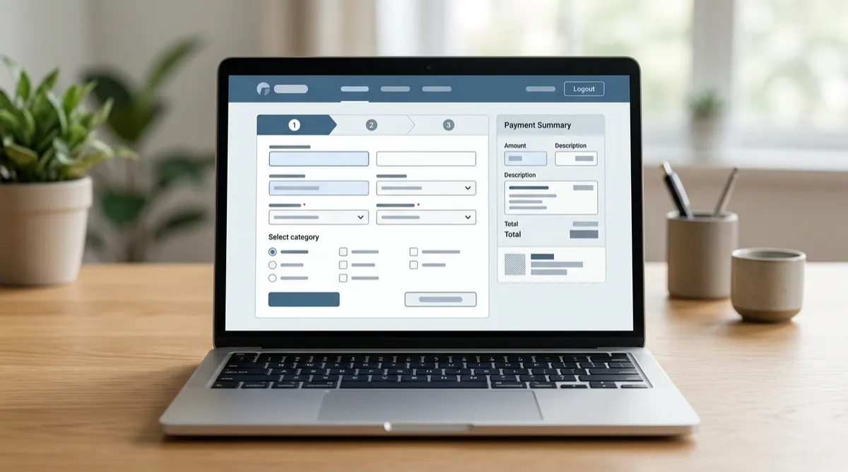 Front-facing laptop showing a netbanking-style bill payment flow (no text)