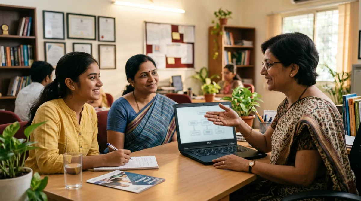 Career counsellor guiding a student with a parent present in an office