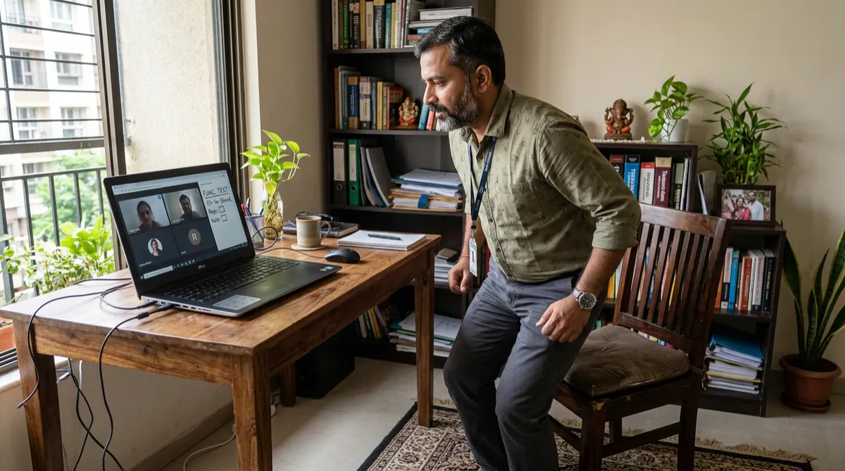 IT professional doing a sit-to-stand functional test on a video call