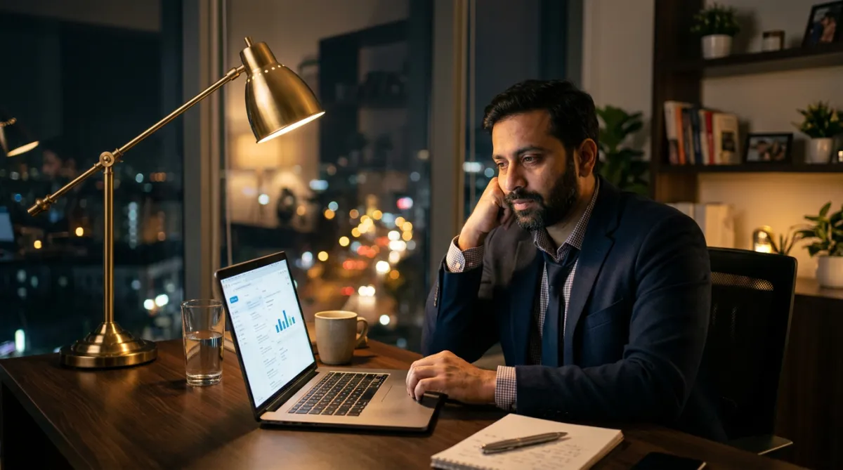 Successful professional at a desk at night, mind still switched on after career success