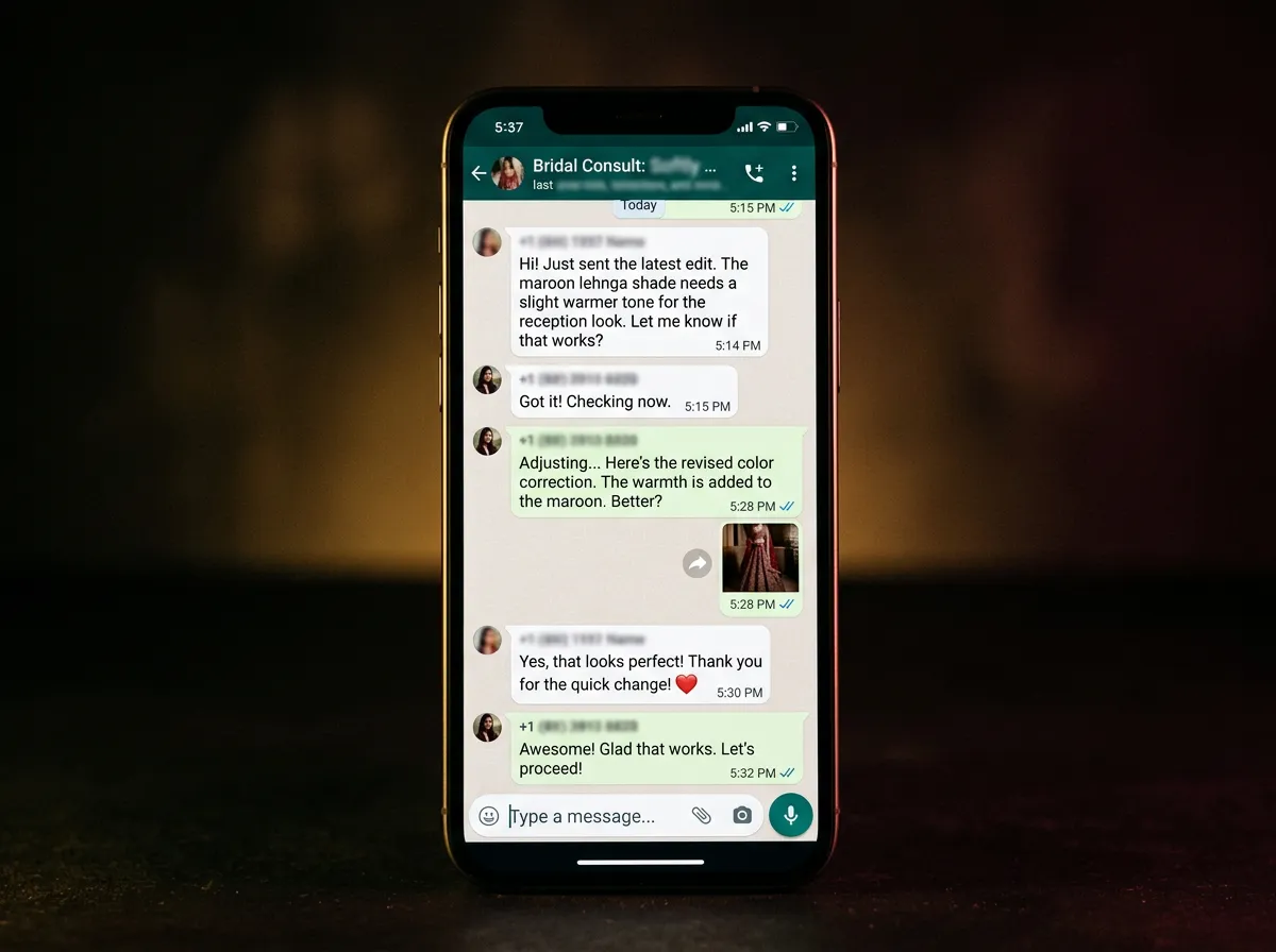 WhatsApp chat screenshot showing instant doubt resolution and bridal color correction feedback