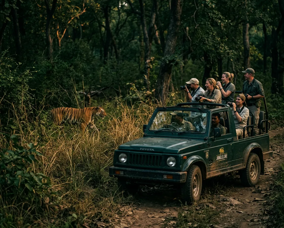 Guests on an open 4x4 safari jeep spotting a Bengal tiger with Junglelore guides