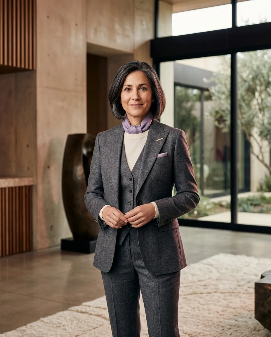 Master Mindset founder portrait in an architectural luxury interior radiating calm authority