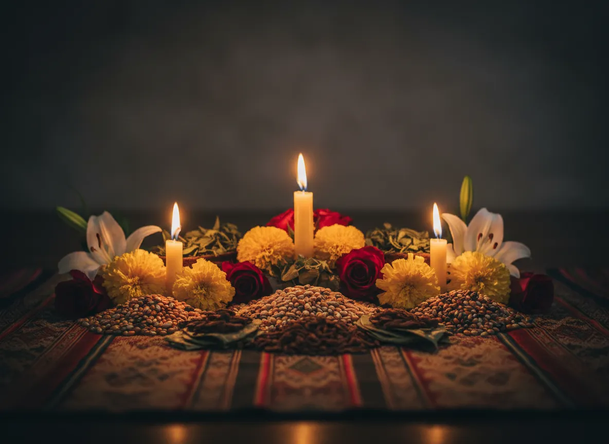 Altar ceremonial andino con velas, maíz y hojas sagradas
