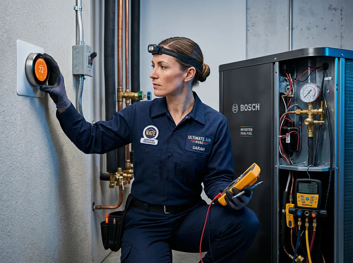 NATE-certified HVAC master technician calibrating smart thermostat and high-efficiency heat pump