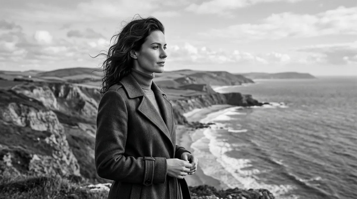 Woman looking away elegantly in a black and white portrait, soft focus background
