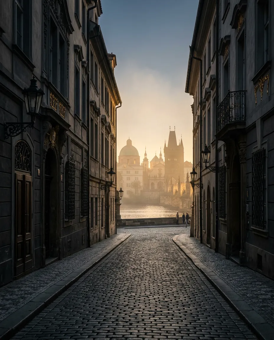 Historic architecture and river mist in Prague