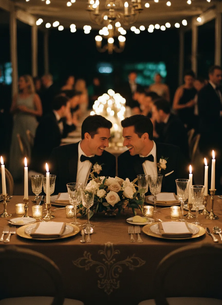 A candid moment of connection across a beautifully set dining table