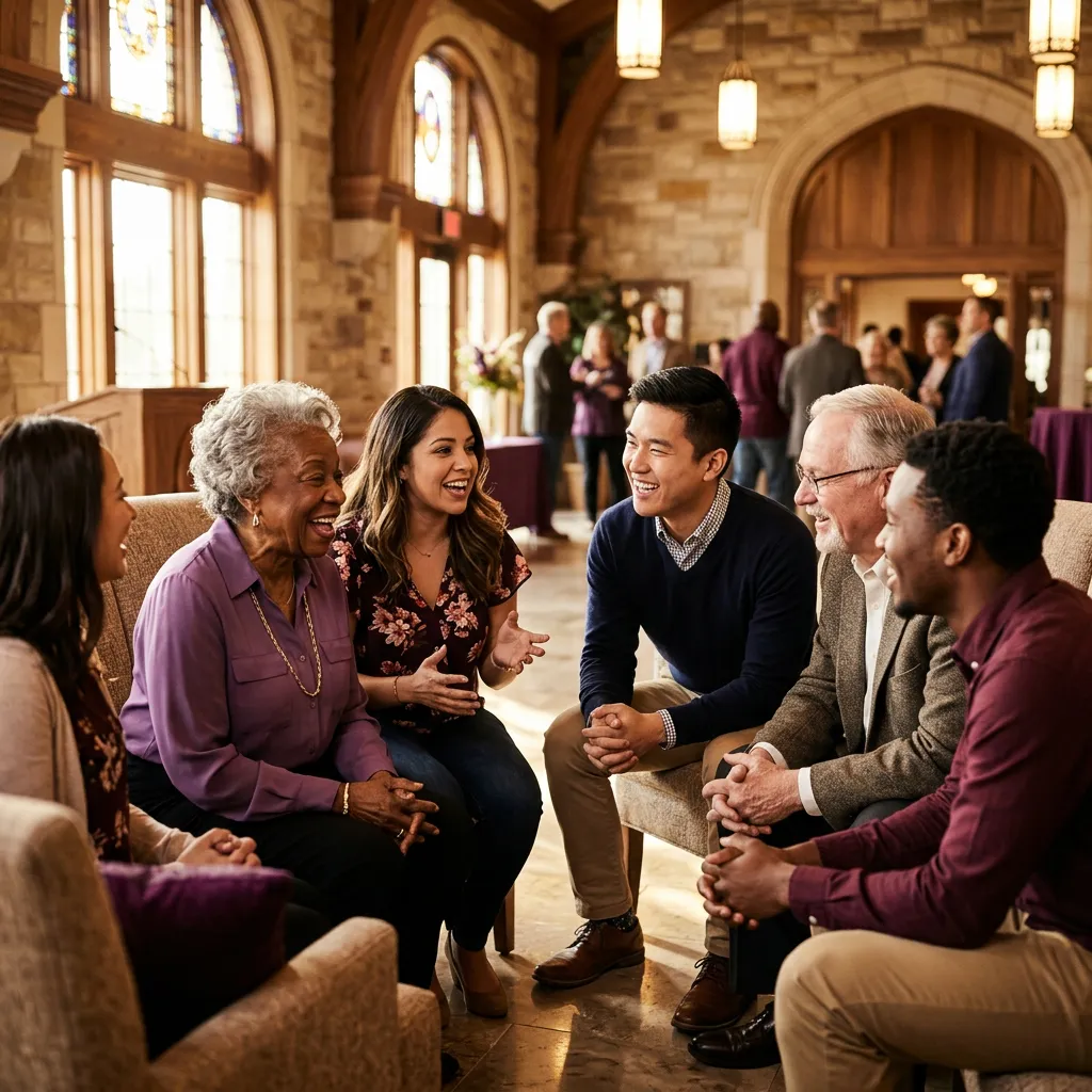 A diverse, joyful congregation enjoying Christian fellowship and conversation together at New Harmony Church of Christ