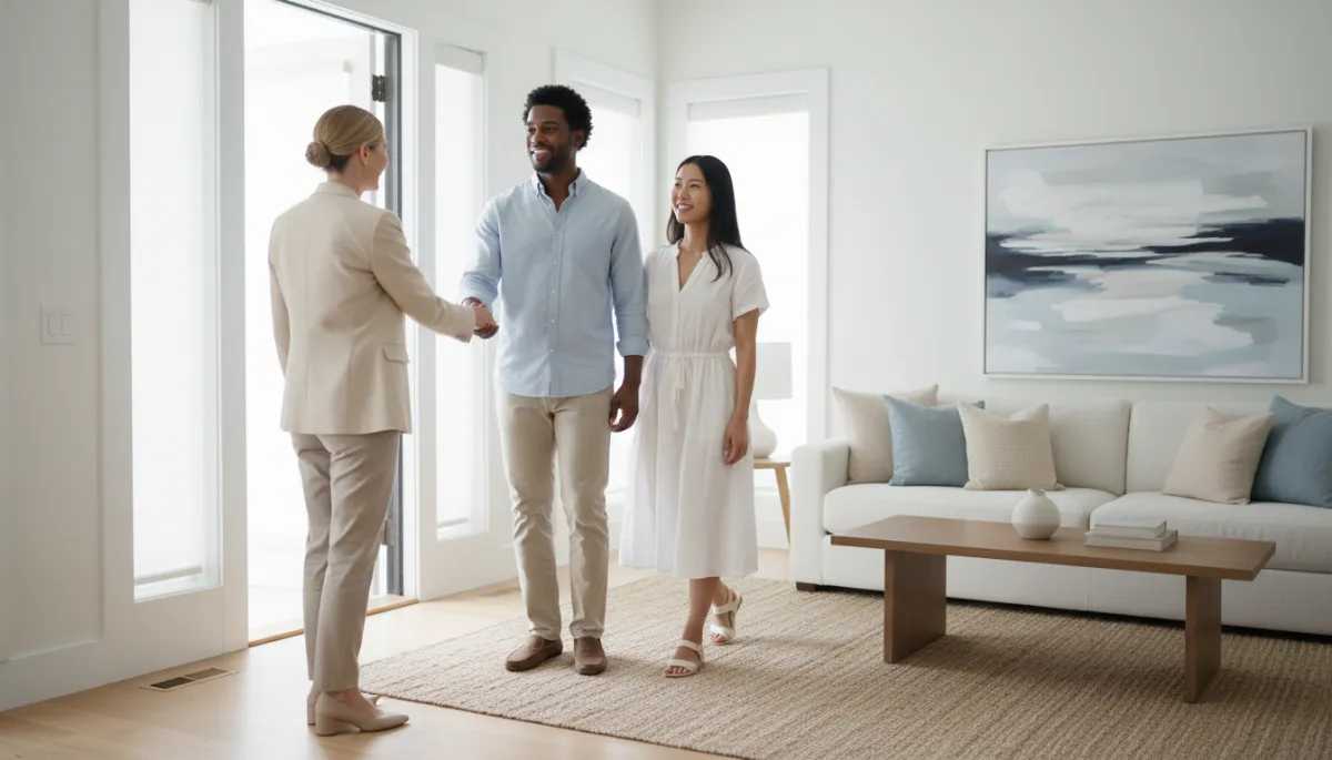 Agent showing a modern home to a young couple