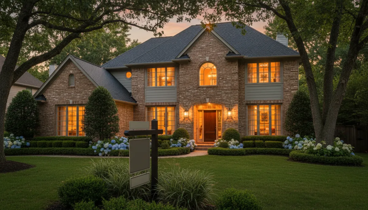 For sale sign in front of a beautifully staged home