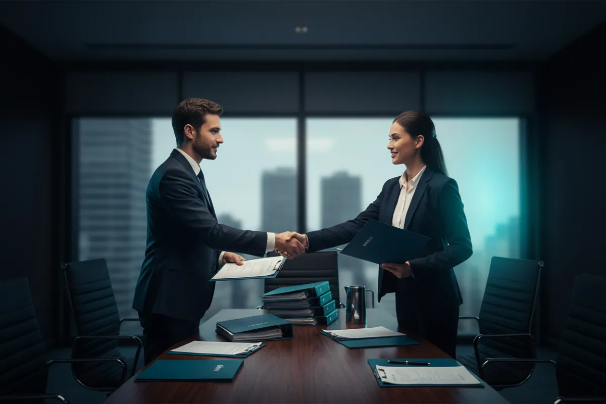 Healthcare business professionals reviewing acquisition documents