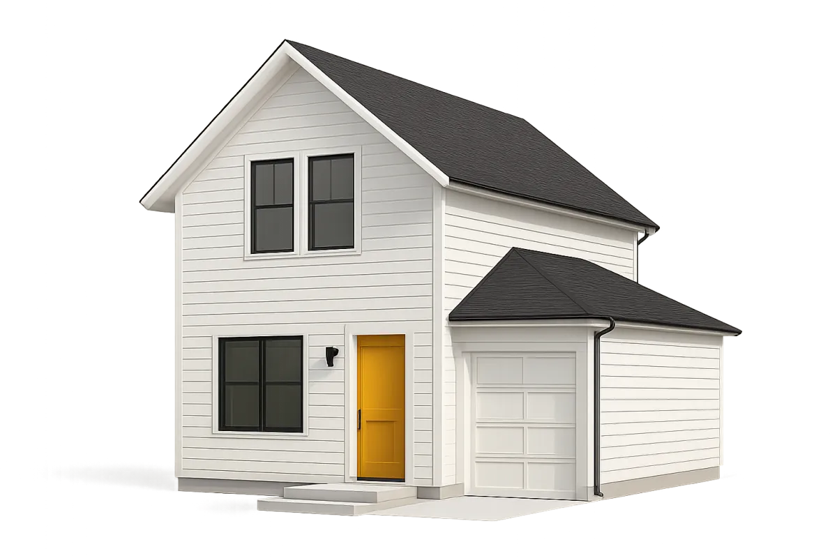 Photorealistic modern suburban house exterior model with white siding and gold door, transparent background
